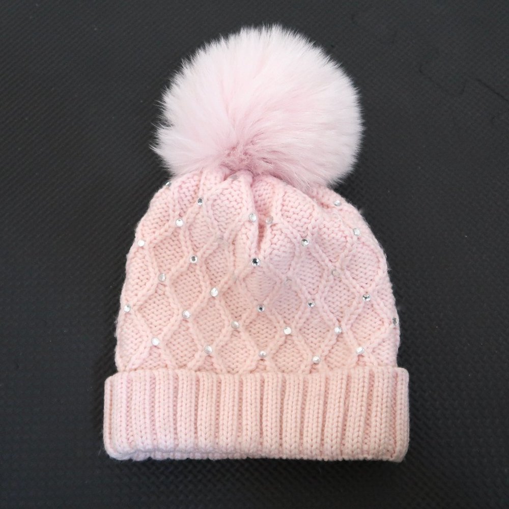 CATYA merino wool knit hat w Fur pom pom & crystals